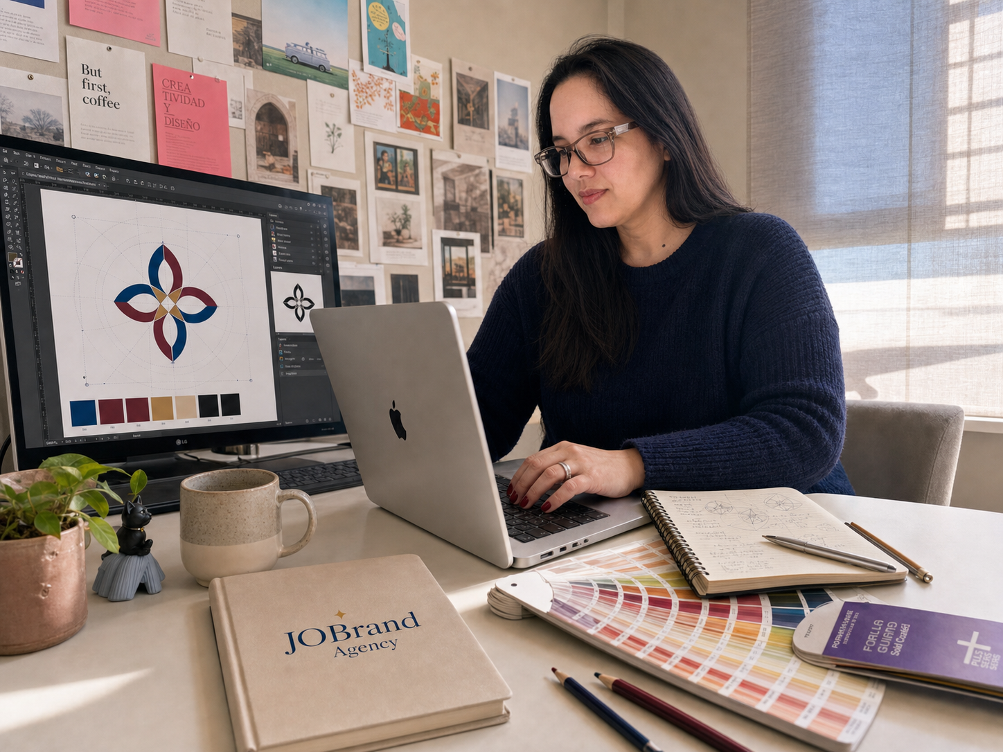 Johanny, diseñadora gráfica de JoBrand Agency, trabajando en identidad visual desde su estudio